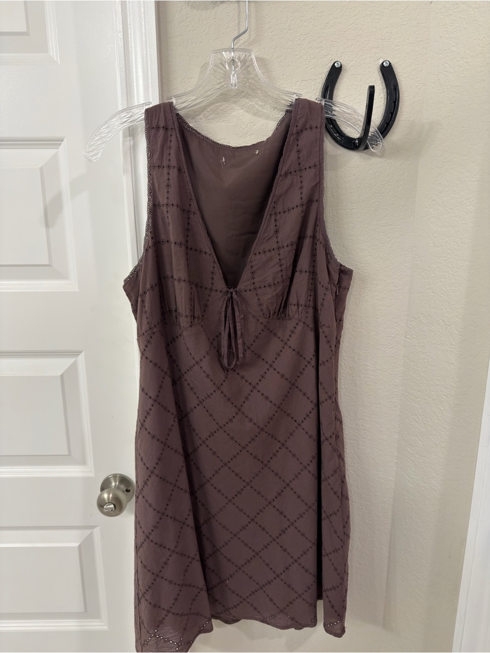 Sleeveless Brown Tie-Front Diamond-Pattern Dress